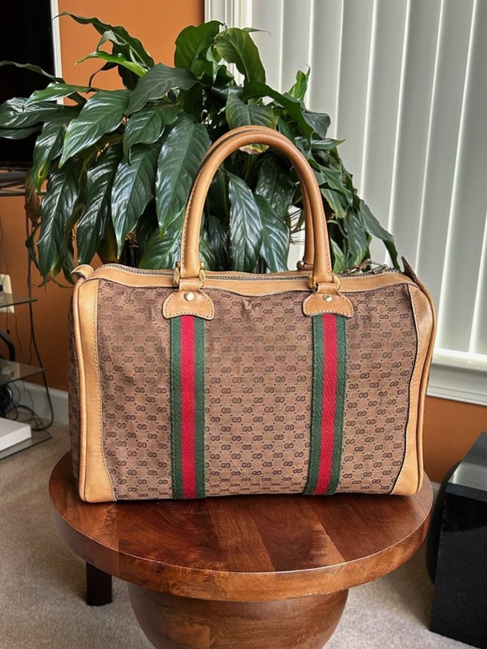 GUCCI Monogram Vintage Web Boston Bag Brown Tan Rare - Picture 3 of 15